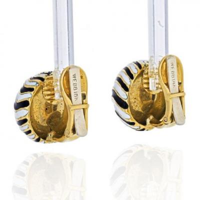 David Webb DAVID WEBB PLATINUM 18K YELLOW GOLD SIGNATURE ZEBRA ENAMEL ROUND EARRINGS