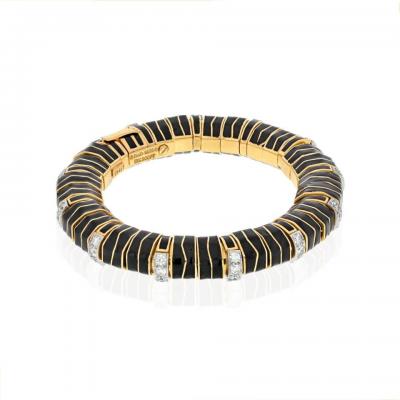 David Webb DAVID WEBB PLATINUM 18K YELLOW GOLD STRIPE BLACK ENAMEL DIAMOND BRACELET