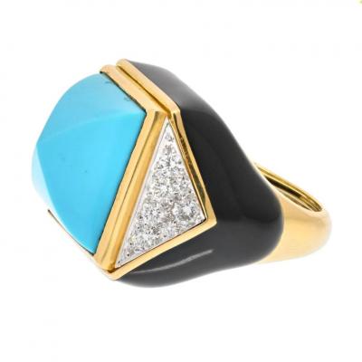 David Webb DAVID WEBB PLATINUM 18K YELLOW GOLD SUMMIT TURQUOISE AND DIAMOND RING