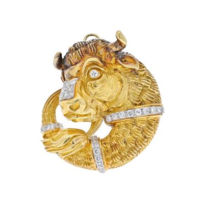 David Webb DAVID WEBB PLATINUM 18K YELLOW GOLD TAURUS BULL DIAMOND BROOCH AND PENDANT