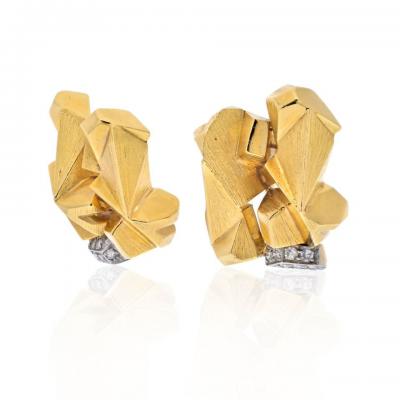 David Webb DAVID WEBB PLATINUM 18K YELLOW GOLD TEXTURED NUGGET DIAMOND SLOPE EARRINGS