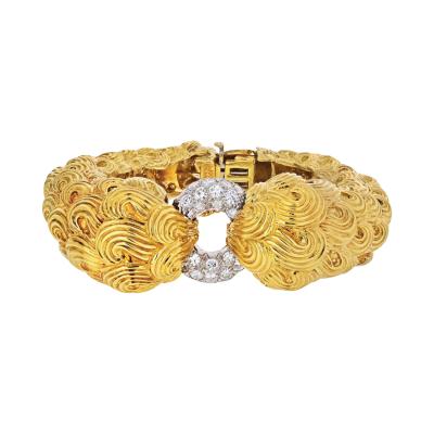 David Webb DAVID WEBB PLATINUM 18K YELLOW GOLD TEXTURED SCROLLS AND DIAMOND BRACELET