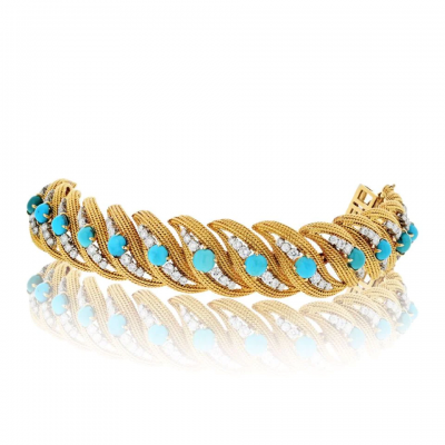 David Webb DAVID WEBB PLATINUM 18K YELLOW GOLD TURQUOISE AND DIAMOND BRACELET