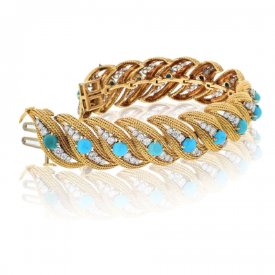 David Webb DAVID WEBB PLATINUM 18K YELLOW GOLD TURQUOISE AND DIAMOND BRACELET