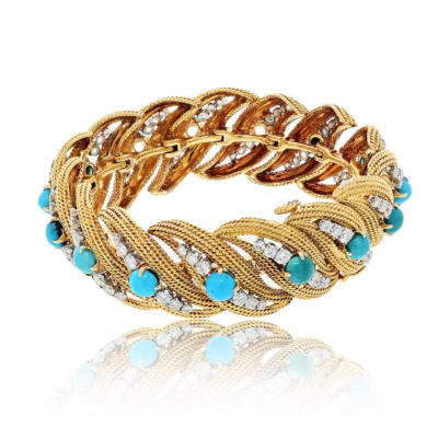 David Webb DAVID WEBB PLATINUM 18K YELLOW GOLD TURQUOISE AND DIAMOND BRACELET