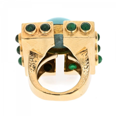 David Webb DAVID WEBB PLATINUM 18K YELLOW GOLD TURQUOISE DIAMOND EMERALD OVERSIZED RING