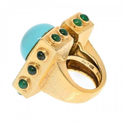 David Webb DAVID WEBB PLATINUM 18K YELLOW GOLD TURQUOISE DIAMOND EMERALD OVERSIZED RING