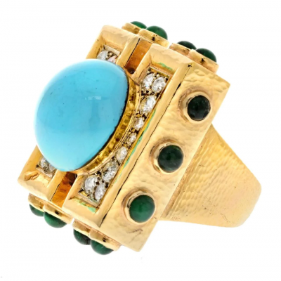 David Webb DAVID WEBB PLATINUM 18K YELLOW GOLD TURQUOISE DIAMOND EMERALD OVERSIZED RING