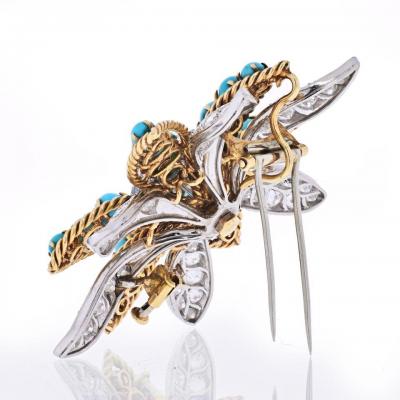 David Webb DAVID WEBB PLATINUM 18K YELLOW GOLD TURQUOISE DIAMOND FLOWER BROOCH