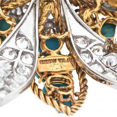 David Webb DAVID WEBB PLATINUM 18K YELLOW GOLD TURQUOISE DIAMOND FLOWER BROOCH