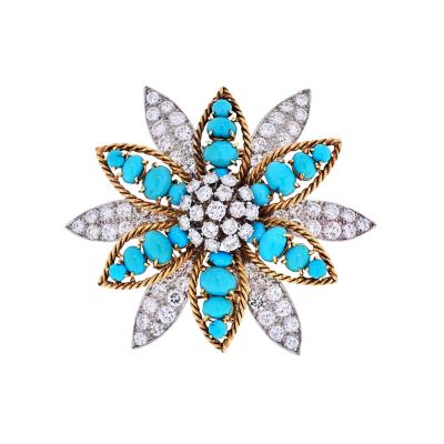 David Webb DAVID WEBB PLATINUM 18K YELLOW GOLD TURQUOISE DIAMOND FLOWER BROOCH