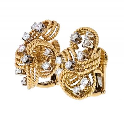 David Webb DAVID WEBB PLATINUM 18K YELLOW GOLD TWISTED WOVEN DIAMOND EARRINGS