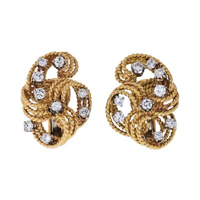 David Webb DAVID WEBB PLATINUM 18K YELLOW GOLD TWISTED WOVEN DIAMOND EARRINGS