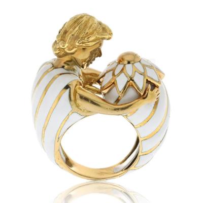 David Webb DAVID WEBB PLATINUM 18K YELLOW GOLD VIRGO MALE FIGURE WHITE ENAMEL RING