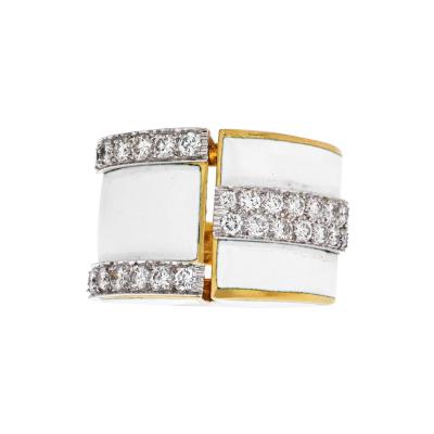 David Webb DAVID WEBB PLATINUM 18K YELLOW GOLD WHITE ENAMEL AND DIAMOND RING