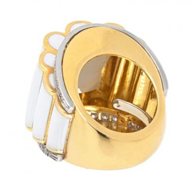 David Webb DAVID WEBB PLATINUM 18K YELLOW GOLD WHITE ENAMEL AND DIAMOND RING