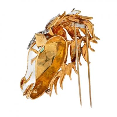 David Webb DAVID WEBB PLATINUM 18K YELLOW GOLD WHITE ENAMEL DIAMOND HORSE FACE BROOCH