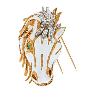 David Webb DAVID WEBB PLATINUM 18K YELLOW GOLD WHITE ENAMEL DIAMOND HORSE FACE BROOCH
