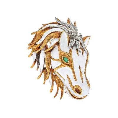 David Webb DAVID WEBB PLATINUM 18K YELLOW GOLD WHITE ENAMEL DIAMOND HORSE FACE BROOCH