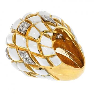 David Webb DAVID WEBB PLATINUM 18K YELLOW GOLD WHITE ENAMEL DOME RING