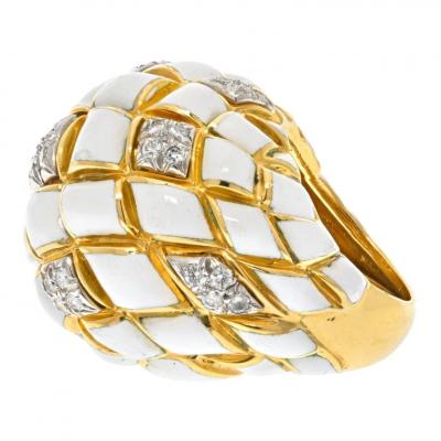 David Webb DAVID WEBB PLATINUM 18K YELLOW GOLD WHITE ENAMEL DOME RING