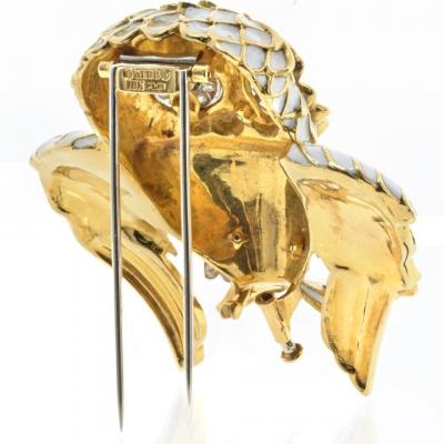 David Webb DAVID WEBB PLATINUM 18K YELLOW GOLD WHITE ENAMEL EMERALD EYES OWL BROOCH
