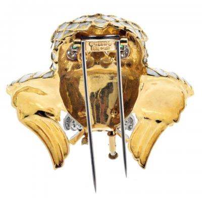 David Webb DAVID WEBB PLATINUM 18K YELLOW GOLD WHITE ENAMEL EMERALD EYES OWL BROOCH