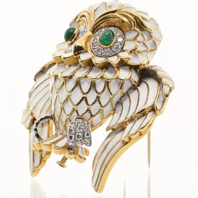 David Webb DAVID WEBB PLATINUM 18K YELLOW GOLD WHITE ENAMEL EMERALD EYES OWL BROOCH