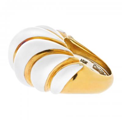 David Webb DAVID WEBB PLATINUM 18K YELLOW GOLD WHITE ENAMEL FLUTED SHRIMP COCKTAIL RING