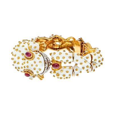 David Webb DAVID WEBB PLATINUM 18K YELLOW GOLD WHITE ENAMEL FROG WITH RUBY EYES BRACELET