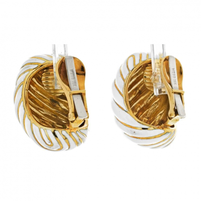 David Webb DAVID WEBB PLATINUM 18K YELLOW GOLD WHITE ENAMEL GOLD EARRINGS