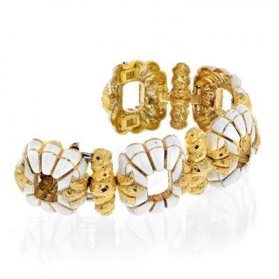 David Webb DAVID WEBB PLATINUM 18K YELLOW GOLD WHITE ENAMEL OPEN LINK BRACELET