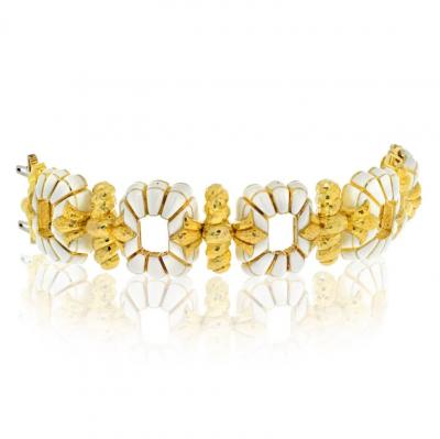 David Webb DAVID WEBB PLATINUM 18K YELLOW GOLD WHITE ENAMEL OPEN LINK BRACELET