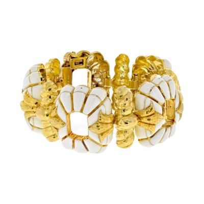 David Webb DAVID WEBB PLATINUM 18K YELLOW GOLD WHITE ENAMEL OPEN LINK BRACELET