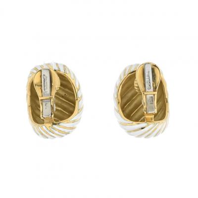 David Webb DAVID WEBB PLATINUM 18K YELLOW GOLD WHITE ENAMEL WAVE CLIP EARRINGS