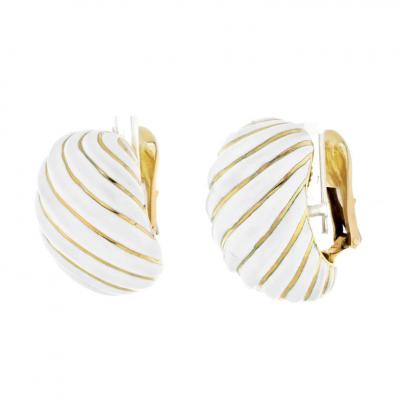 David Webb DAVID WEBB PLATINUM 18K YELLOW GOLD WHITE ENAMEL WAVE CLIP EARRINGS