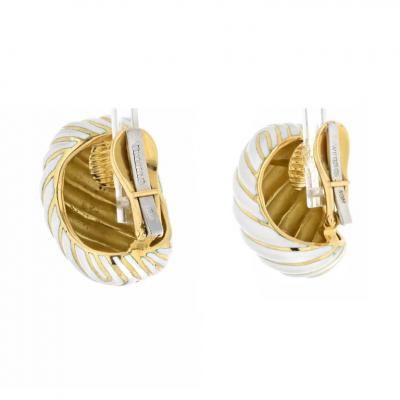 David Webb DAVID WEBB PLATINUM 18K YELLOW GOLD WHITE ENAMEL WAVE CLIP EARRINGS