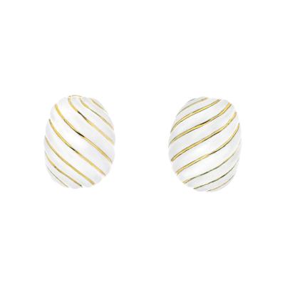 David Webb DAVID WEBB PLATINUM 18K YELLOW GOLD WHITE ENAMEL WAVE CLIP EARRINGS