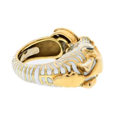 David Webb DAVID WEBB PLATINUM 18K YELLOW GOLD ZEBRA WHITE ENAMEL ANIMAL RING