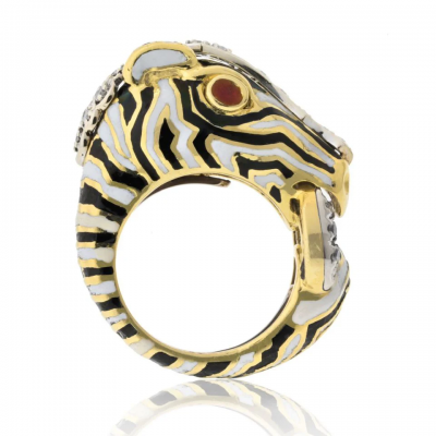 David Webb DAVID WEBB PLATINUM 18K YELLOW GOLD ZEBRA WITH DIAMONDS AND RUBY EYES RING