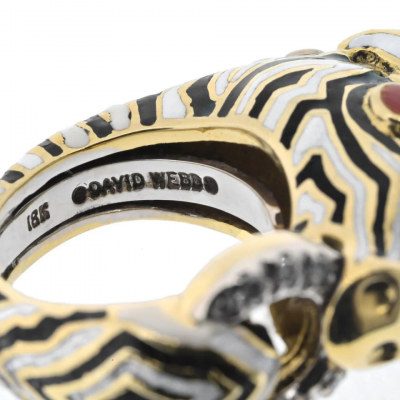 David Webb DAVID WEBB PLATINUM 18K YELLOW GOLD ZEBRA WITH DIAMONDS AND RUBY EYES RING