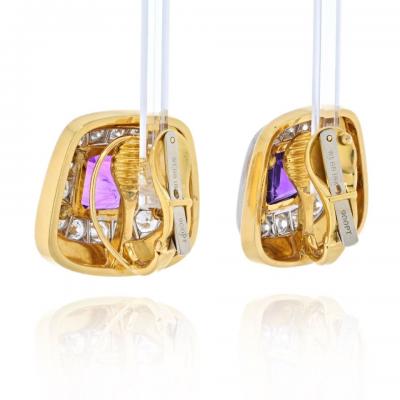 David Webb DAVID WEBB PLATINUM 18K YG CUSHION CUT AMETHYST AND DIAMOND CLIP ON EARRINGS