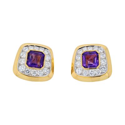 David Webb DAVID WEBB PLATINUM 18K YG CUSHION CUT AMETHYST AND DIAMOND CLIP ON EARRINGS
