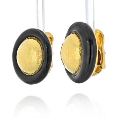 David Webb DAVID WEBB PLATINUM 18K YG HAMMERED GOLD AND BLACK ENAMEL CLIP EARRINGS