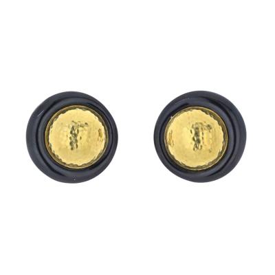 David Webb DAVID WEBB PLATINUM 18K YG HAMMERED GOLD AND BLACK ENAMEL CLIP EARRINGS