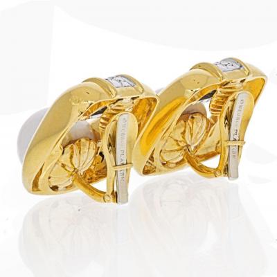 David Webb DAVID WEBB PLATINUM 18K YG SOFT CUSHION SHAPED PEARL AND DIAMOND EARRINGS
