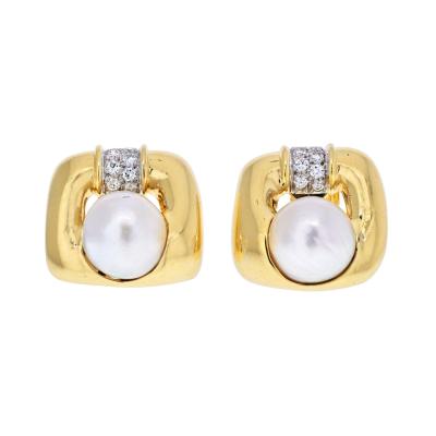 David Webb DAVID WEBB PLATINUM 18K YG SOFT CUSHION SHAPED PEARL AND DIAMOND EARRINGS