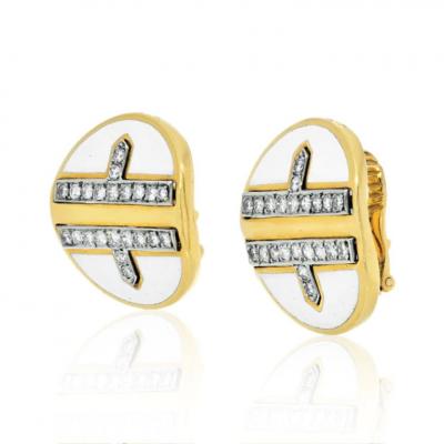 David Webb DAVID WEBB PLATINUM 18K YG WHITE ENAMEL DIAMOND METRO COLLECTION EARRINGS