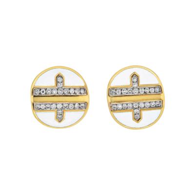 David Webb DAVID WEBB PLATINUM 18K YG WHITE ENAMEL DIAMOND METRO COLLECTION EARRINGS