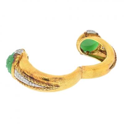 David Webb DAVID WEBB PLATINUM 18KY CARVED JADE HAMMERED GOLD DIAMOND CUFF BRACELET